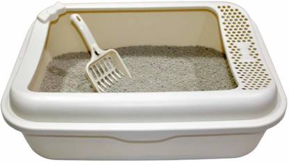 Taiyo Pluss Discovery Cat Litter Tray, Size: (40X10X30 cm) (LXWXH), Cat Litter Tray with Rim/Semi Closed Style of Cat Litter Basin with Litter Scoop (White) Pet Litter Tray Refill