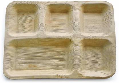 AGRI CLUB Areca Leaves 10"x12"inch 5 Compartments Rectangle Disposal Plates,Set Of 25 Sectioned Plate
