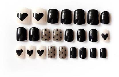 Ray Innovations 24 Pcs Press on False Nails With Glue Black Beige Polka Dots and Heart Design Black, Brown, Beige