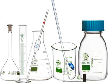 RAJAS Lab Glassware Combo Pack of Volumetric Flask, Conical Flask, Beaker (250mL), Graduated Cylinder 100mL Class A, Volumetric Pipette 10mL (Class A), Culture Tube 10mL, Reagent Bottle 500mL With Screw Cap GL 45, Buret