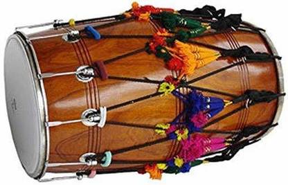 Sai Musical Natural Finish Punjabi Bhangra Dhol Rope & Rings Dholak