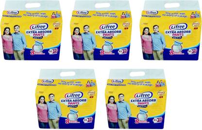 LIFREE ADULT PANT STYLE DIAPERS, SIZE XL, 10 PCs. PACK, COMBO OF 5 PACKS, FOR WAIST SIZE 35-49 INCHES Adult Diapers - XL