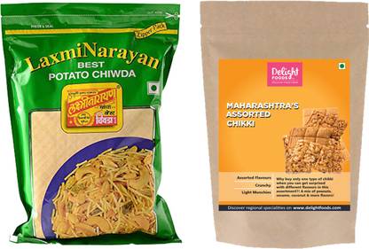 Delight Foods LaxmiNarayan Chiwda Aloo Chiwda, Pune and Mumbai Assorted Chikki Item Name (aka Title) Combo