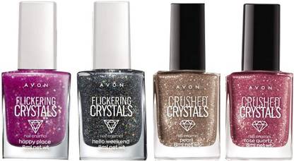 AVON True Color Flickering Crystals & Crushed Crystals Nail Enamel Combo (set of 4) Rose Quartz, Pearl, Hello Weekend, Happy Place