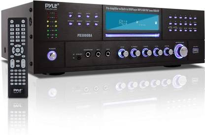 PYLE 4 Channel Wireless Bluetooth Amplifier - 3000 Watt Stereo Speaker Home Audio Receiver w/ FM Radio, USB, 2 Microphone w/ Echo for Karaoke, Front Loading CD DVD Player, LED, Rack Mount - PD3000BA 600 W AV Control Receiver