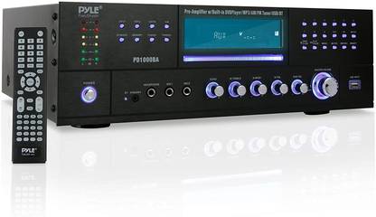 PYLE 4-Channel Wireless Bluetooth Power Amplifier - 1000W Stereo Speaker Home Audio Receiver w/ FM Radio, USB, Headphone, 2 Microphone w/ Echo, Front Loading CD DVD Player, LED, Rack Mount - PD1000BA 600 W AV Control Receiver