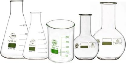 RAJAS Glassware Set of Conical Flask (2) 250mL, 500mL, Low Form Beaker 250mL With Spout, Flat Bottom Narrow Neck Flask (2) 250mL, 500mL Buret