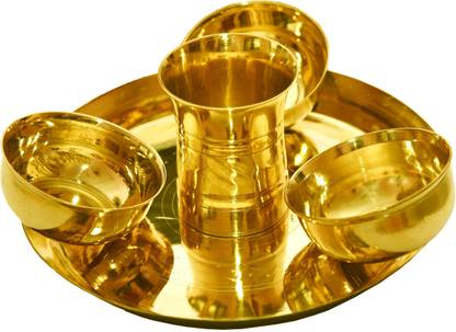 Shrinika Pack of 5 Brass Bronze Dinner Set / Kansa Thali Set - (Plate - 1 Pcs + Bowl - 3 Pcs + Glass - 1 Pcs = 5 Pcs_Gold_1 Kg 600 Gram) Dinner Set