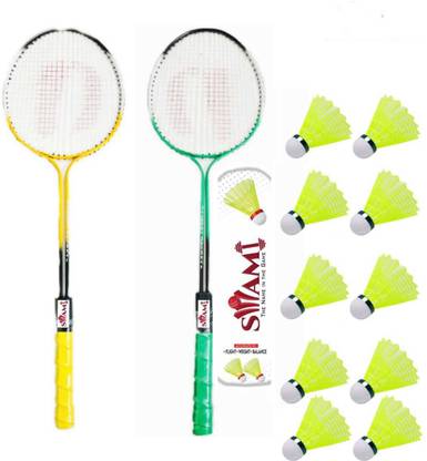 Swa Mi Multicolor Double Shaft Badminton Racket Set Of 2 Piece With 10 Piece Plastic Shuttle Badminton Kit