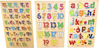 Toyvala Wooden Educational Board for Kids - Hindi Varnmala/Consonants With Pictures, 1-20 Counting/Numerals With Spelling & Small/Lowercase English Alphabets A-Z With Pictures Wooden Learning 3D Wooden Board - Learning & Educational Gift for Kids