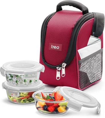 TREO Health First Round Glass Tiffin Box with Cover, 380 ml, Set of 3, Red 3 Containers Lunch Box