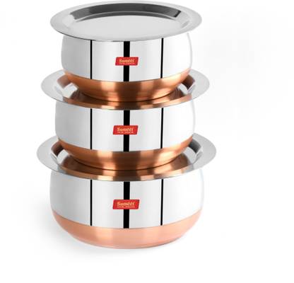Sumeet Stainless Steel Copper Bottom Belly Shape 3 Pc Tope / Cookware/ Pot Set with Lid 380ML, 500ML, 780ML, (Silver) with Lid 0.38 L, 0.5 L, 0.78 L capacity 12.1 cm, 13.6 cm, 15 cm diameter
