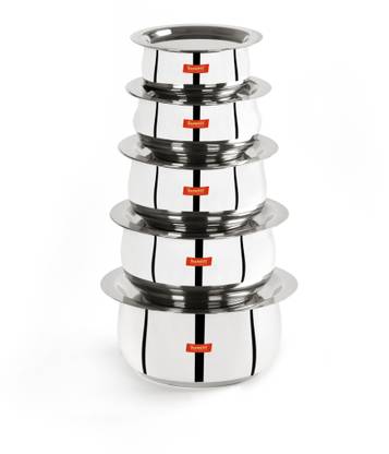 Sumeet Stainless Steel Belly Shape 5 Pc Tope / Cookware/ Pot Set with Lid 380ML, 500ML, 780ML, 1.1Ltr, 1.4Ltr, (Silver) with Lid 0.38 L, 0.5 L, 0.78 L, 1.1 L, 1.4 L capacity 12.1 cm, 13.6 cm, 15 cm, 16.5 cm, 17.9 cm diameter