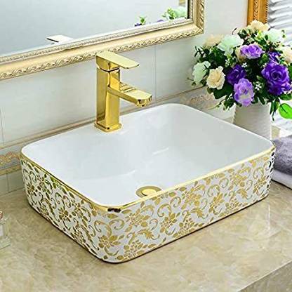 KUDOS Luxury European Designed Table Top Ceramic Round Edge Flower Pattern Wash Basin Tabletop Over or Above Counter Top Wash Basin for Bathroom Sink/Basin 480x370x135mm (Gold) Table Top Basin