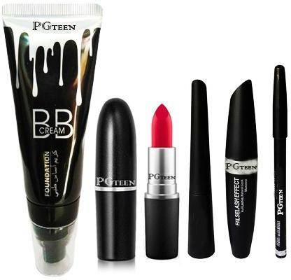 PGTEEN BB Foundation Cream With Ruby Red Lipstick & 3 In One Set Of Eyeliner, Kajal And Mascara