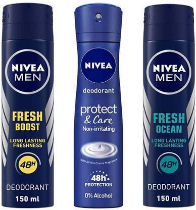 NIVEA Fresh Boost Deo 150 ml , Protectv Care Deo 150 ml , Fresh Ocean Deo 150 ml (Pack of 3) 6 Deodorant Spray  -  For Men & Women