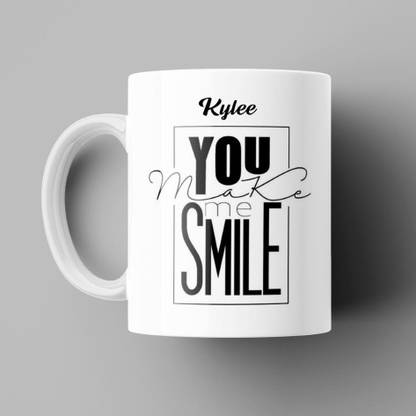 Beautum You make me Smile Kylee Printed White Ceramic Coffee (350)ml, Best Gift for boys, girls, husbands, wives, fiance, fiancee, loved ones, girlfirend, boyfriend, Mom, dad, Grandpa, grandma, grand mother, grand father, mumma papa and Everyone. Model No:BYMS010315 Ceramic Coffee Mug