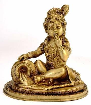 vrindavan shopi Astadhatu/8 Metals Made Makhan Chor Kanha//Little Krishna Brass Idol (Golden) Decorative Showpiece  -  7 cm