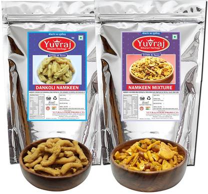 Yuvraj Food Product Dankoli Bhujiya sticks & Bikaneri Namkeen Mixture combo pack of 2 (350 gm x 2 )