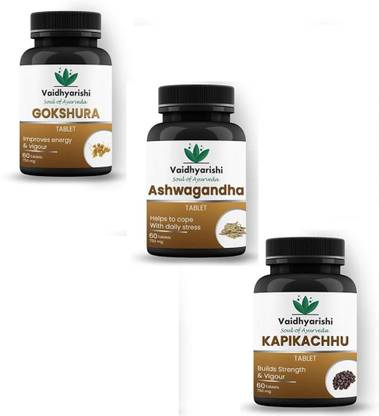 VAIDHYARISHI GOKSHURA TABLET , ASHWAGANDHA TABLET & KAPIKACHHU TABLET ( 60 TAB EACH 750 MG TABLET )