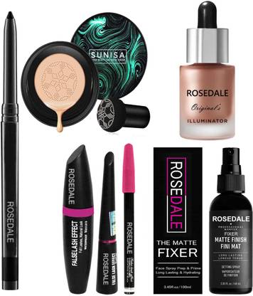 ROSEDALE Smudge Proof Long Lasting Waterproof Kajal & Sunisa Korean Mushroom Air Cushion CC Crean Foundation & 3in1 Eyeliner Mascara Eyebrow Pencil & The Matte Fixer Face Spray & Studio Professional Iconic Original's Illuminator Highlighter