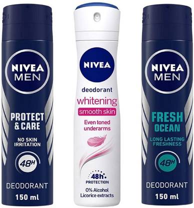 NIVEA Men Protect & Care Deo 150 ml , Whitening Smooth Skin Deo 150 ml , Fresh Ocean Deo 150 ml (Pack of 3) 157 Deodorant Spray  -  For Men & Women