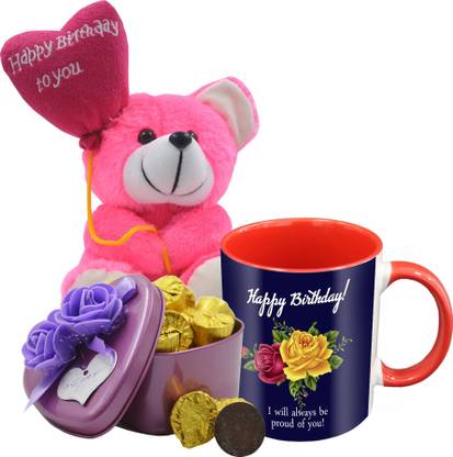 Midiron Birthday Gift For Your Love One's That Comes With 15 Pieces Luxury Dark Chocolate in Tin Box, Printed Ceramic Mug and Happy Birthday Quoted Teddy IZ19Choco15Tinbox4PurMUrTHB-DTBirthday-90 Ceramic, Silk Gift Box