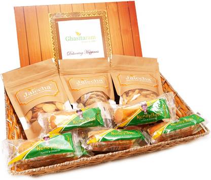 Jaiccha Holi Hamper-Brown Rectangle Basket of Assorted Gujiyas, Butter Chakli, Coin Biscuit,Methi Mathi and Cake Combo