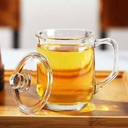 KINJAY Coffees with Lid, Transparent Brewing Tea Glasss with Big Handle 380 ML Glass Coffee Mug