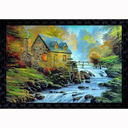 Janki Beautiful House Trees Near Water River Nature Scene Decorative Wall Painting Canvas 14 inch x 20 inch Painting