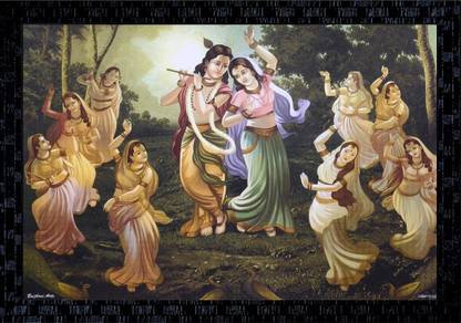 Janki God Radha Krishna Dancing Wall Paintings Photo Frame Canvas 14 inch x 20 inch Painting