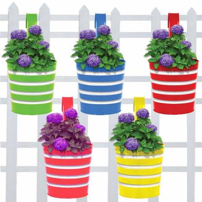 Wondrous Rust Free Hanging Metal Planters Railing Planters for Balcony Flower pots for Garden Hanging Flower Pots Vertical Planter for Home Decor With Detachable Hooks (RED, GREEN, BLUE, YELLOW, PINK) Plant Container Set