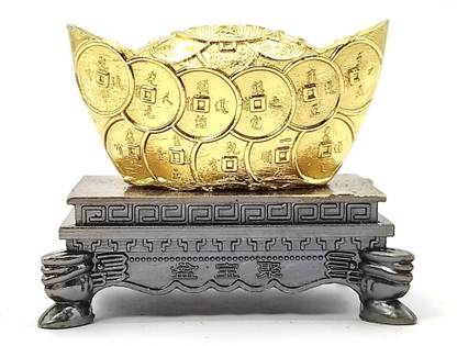 Plus Value Fengshui Golden Wealth Ingot with Stand for Good Luck & Fortune Home Decor Showpiece Chinese Vastu Item (2 inch, Gold) Decorative Showpiece - 18 cm