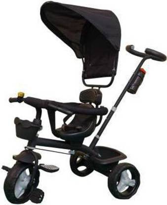 KIWI COOL STYLISH BLACK TRICYCLE WITH CANOPY WITH CHROME PLATED ALLOY WHEELS FOR KIDS WITH FRONT AND BACK BASKET AND PARENT HANDLE WITH A COMBINATION OF 360 DEGREE REVOLVING SEAT AND WATER BOTTLE STAND ESPECIALLY RECOMMENDED TRICYCLE FOR BABY GIRL OR FOR BABY BOY OR TRICYCLE FOR TODDLER GIRL OR TRICYCLE FOR TODDLER BOY RECOMMENDED FOR TODDLER 1,2,3,4,5 YEAR CHILDREN baby smile_4007 Tricycle