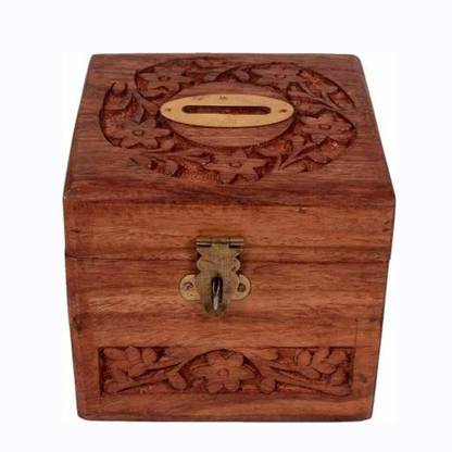 CraftKemp RoseWood Handmade Square Shape Money Box, Coin Collecting Box, Multipurpose Storage Box ( Dark Brown ) Coin Bank