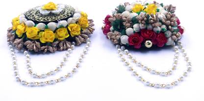 anagha Beautiful and Premium Quality Paper Flower Buns With Pearl Bead Chains and golden plate for Jaimal, Haldi and Baby Shower ceremonies (Set of 2) Bun