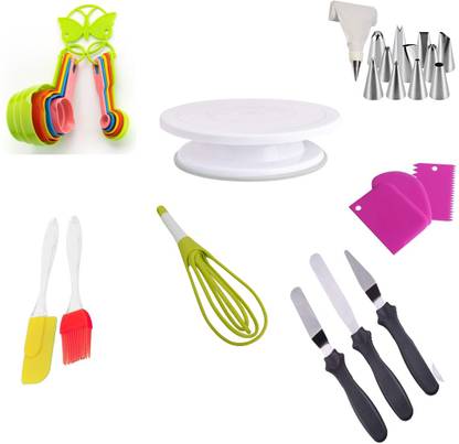 BG Cake Tools Round Easy Rotate Turntable + 8-Pc Black Measuring Cups + Silicone Spatula and Brush Set + 4 Pcs Set Scraper + 12 Piece Cake Decorating Set and Server Set Popular Combo 7 in 1 - Cake Tools Round Easy Rotate Turntable + 10Pcs color Measuring Cups, Silicone Spatula and Brush Set + Scraper for Cake with 12 Piece Cake Decorating Set Piping Bag + Stainless Steel 3 in 1 Cake Knife and machineServer Set with (Reusable & Washable) Multicolor Kitchen Tool Set (Multicolor) Kitchen Tool Set