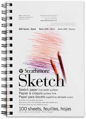 Strathmore 200 Series Sketch 8.5''x5.5'' White Fine Tooth 74 GSM Paper, Long-Side Spiral Bound Album of 100 Sheets Sketch Pad