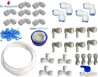 Dr. Aquamint Mix Ro fitting - 1/4 L bow, double push L, single push L, Tee, I connector, Inlet Valve, Tafloon Tape, lock, 3M pipe Solid Filter Cartridge