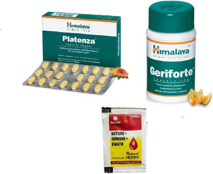 HIMALAYA A Combo Of Natural & Herbal Product of Geriforte Tablet works as an adjuvant during prolonged illness and postoperative convalescence & Platenza Tablet Helps to treat malaria and dengue, boosts platelet count and reverses the thrombocytopenia (low platelet count) associated with dengue, strengthens the host immune system Platenza is also proven to reduce fever.With Nature Lite NATURE+IMMUNE+KWATH (just add to hot water,milk or tea) (Pack of 2)
