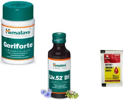 HIMALAYA A Combo of Geriforte Tablet works as an adjuvant during prolonged illness and postoperative convalescence.& Liv.52 DS Syrup help in double strength hepatospecific formulation, designed for the treatment and management of liver disorders Jaundice, digestion and assimilation processes and promotes weight gain, and treatment of viral hepatitis, alcoholic liver disease, and liver damage _Ayurveda Product_ GLOB (Pack of 2) With NATURE+IMMUNE+KWATH (just add to hot water,milk or tea)