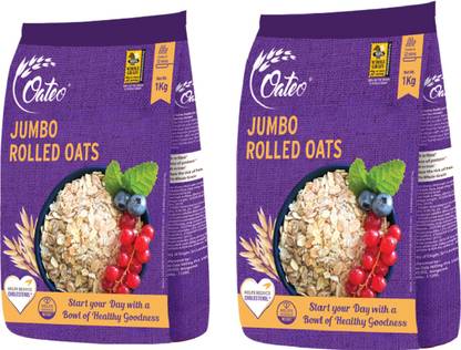 Oateo by AUSSEE OATS INDIA LIMITED Rolled Oats 2 Kg (1 Kg x 2) - Jumbo Whole Grain Oats Box