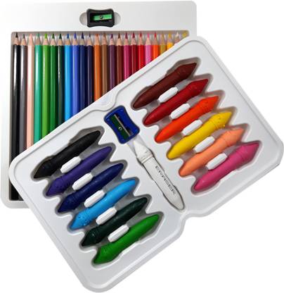 DOMS Majestic Basket 24 Shade of Colour Pencils Alongwith 12 Plastic Crayons - [Easy to Erase & Sharpen] Hexagonal Shaped Color Pencils