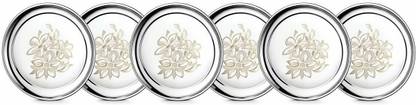 निर्विका Stainless Steel Thali Bhojan Set of 6 Dinner Plate/Halwa Plate/Bhojanthal/Lunch Plate 22 Gauge Premium Permanent Laser Multiflower Design Dinnerware/tableware डिनर प्लेट