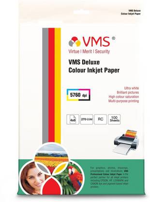 VMS Deluxe Colour High Glossy 270 GSM Inkjet Photo Paper 4R (102 x 152 mm) 100 Sheet Photo Paper (pack of 1) Unruled 4x6 (4R) 270 gsm Inkjet Paper