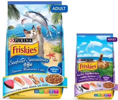 Purina Friskies Seafood Sensations Adult Cat Food 7 kg, Purina Friskies Surfin Favourites Adult Cat food 3kg Combo Pack (Feeding cup free) Sea Food, Chicken 10 kg (2x5 kg) Dry Adult Cat Food