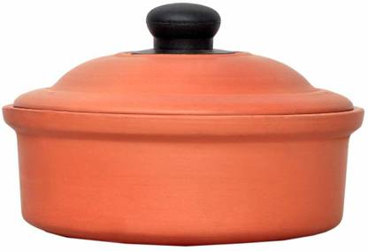 VAGHBHATT Earthen Clay Kadai Handi Pots for LPG and Microwave for Cooking and Serving Kadhai 21 cm diameter with Lid 3 L capacity