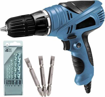 MLD 10mm electric screwdriver machine multipurpose reverse forward torque Setting screw gun cum drill wired with PH2 +/- 3pcs Bits and 5 pcs Hss drill bit set-ABS771F Pistol Grip Drill
