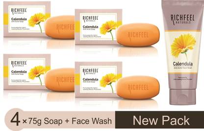 RICHFEEL CALENDULA ANTI-ACNE SOAP + CALENDULA ANTI-ACNE FACE WASH COMBO (4*75g SOAP + 1*100g FACE WASH)