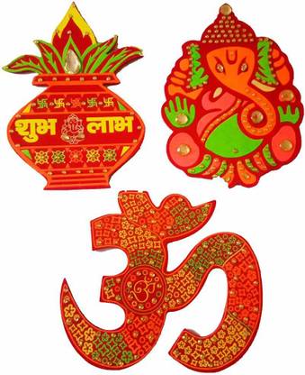 Dms Retail 17.78 cm Multicolor Printed Wooden Ganesh Om Kalash Sticker for Wall Decoration Diwali Decoration Items for Home Big Size 7 Inches Non-Reusable Sticker